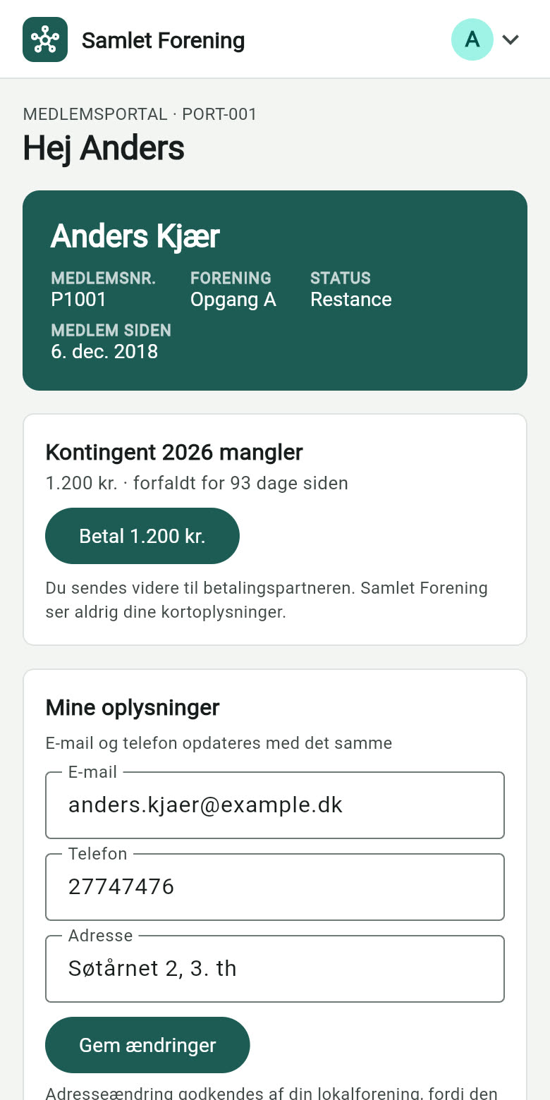 Beboerens side på mobilen med medlemskort og betaling af kontingent